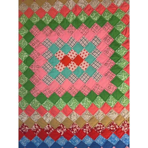 Vintage Trip Around The World Patchwork Quilt Brightly Colored King - Picture 1 of 11